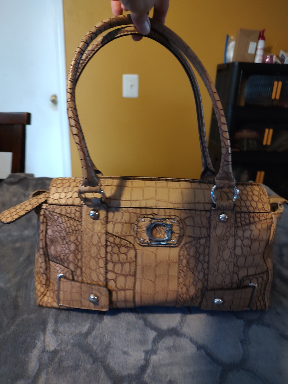G by Guess Croc-Embossed Satchel in Taupe/Brown